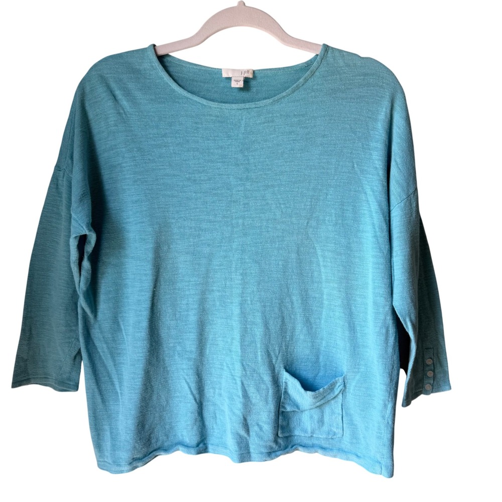 J. Jill Turquoise 3/4 Sleeve Linen Cotton Sweater Pocket Coastal Lagenlook Small